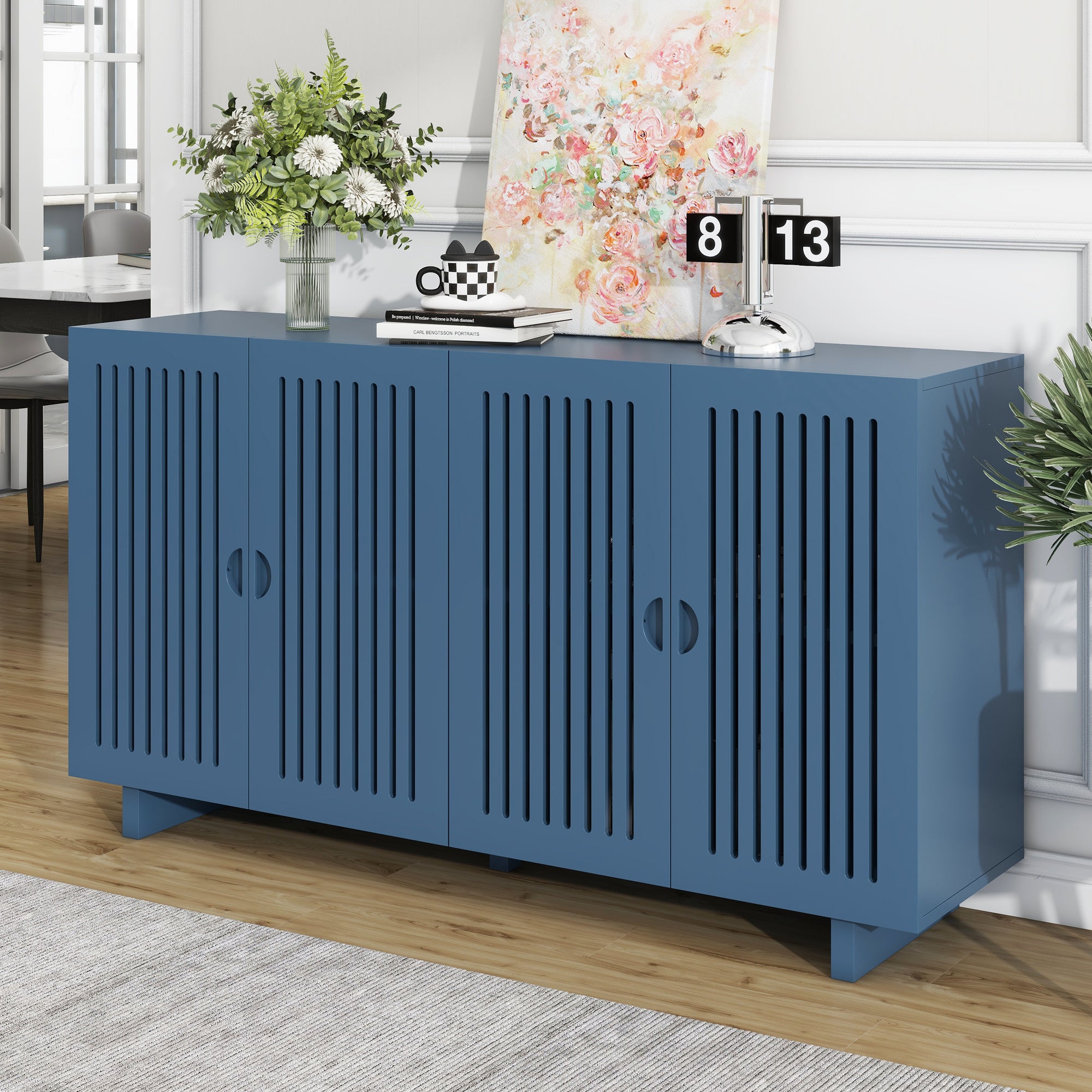 Modern Sideboard with Storage, Hollow Doors & Adjustable Shelves - Navy Blue