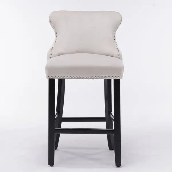 Set of 4 Beige Velvet Wingback Barstools with Button Tufted & Nailhead Trim - Leisure Style