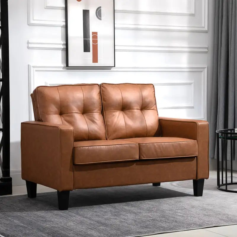 Brown PU Leather Loveseat Sofa - 51" Tufted 2-Seater