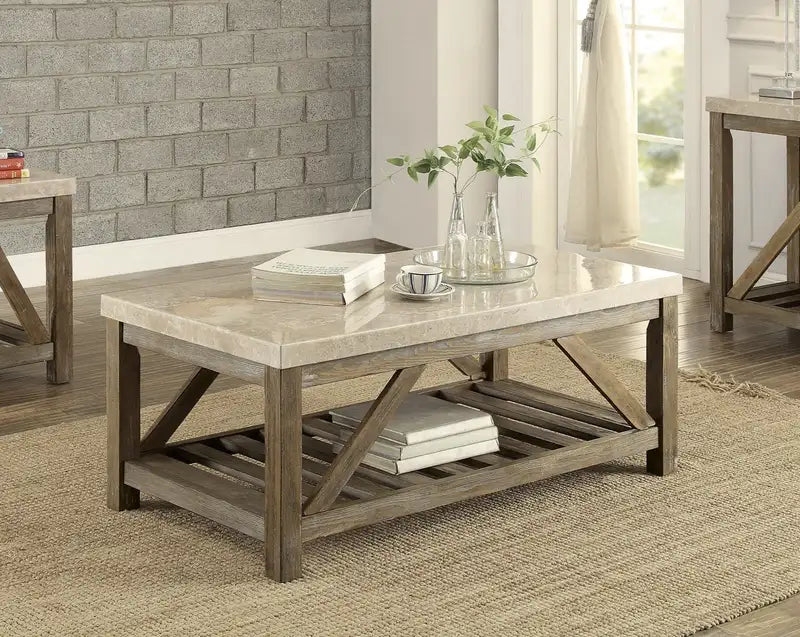 Creamy White Marble Top Coffee Table with Shelf - Industrial Style