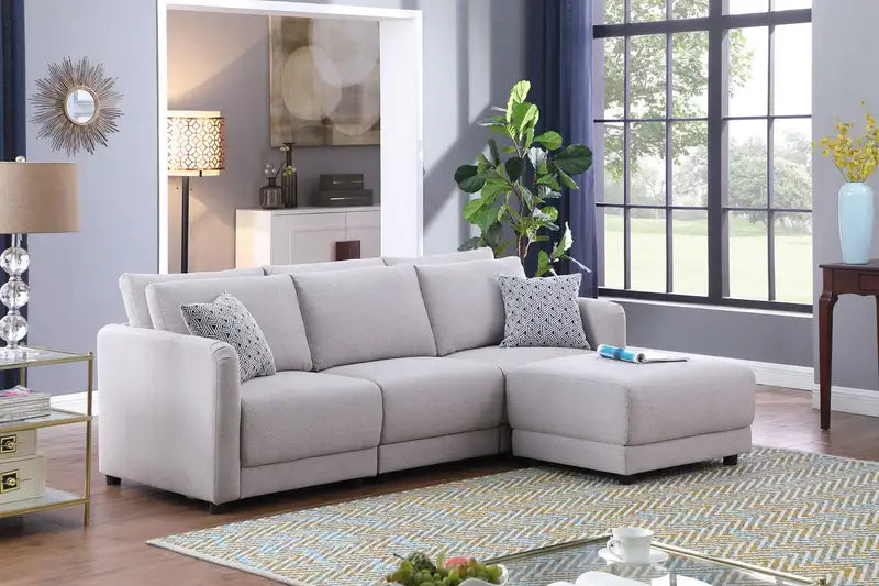 Penelope Linen Sofa with Ottoman & Pillows - 85.5" Light Gray