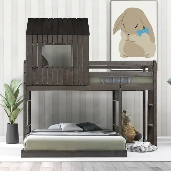 Twin Over Full Bunk Bed with Playhouse | Farmhouse Loft Bed | Antique Gray