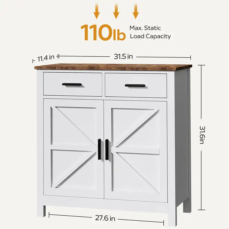 White Farmhouse Buffet Cabinet with 2 Drawers & 2 Doors - Kitchen & Living Room Storage