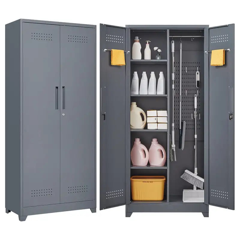 Locking Metal Storage Cabinet for Cleaning Tools, Broom, Pantry, Office