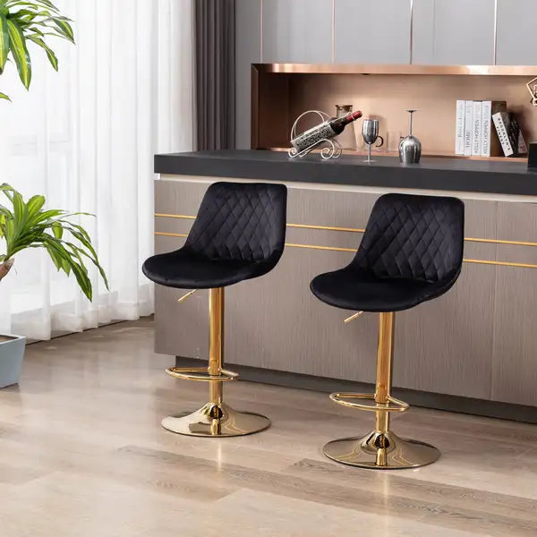 Swivel Bar Stools Set of 2, Velvet Upholstery, Height Adjustable, Chrome Base & Footrest - Black