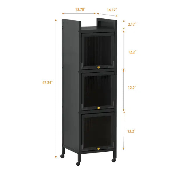 Modern 3-Tier Glass Door Cabinet | Entryway, Living Room, Bathroom, Dining Room - Matte Gray