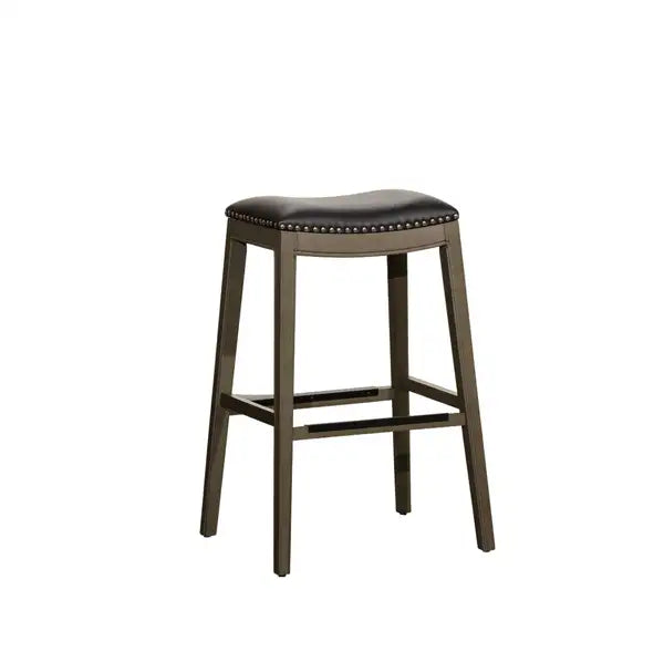 30" Bar Height Saddle Stool - Weathered Gray with Black Leather Seat - Minihomy