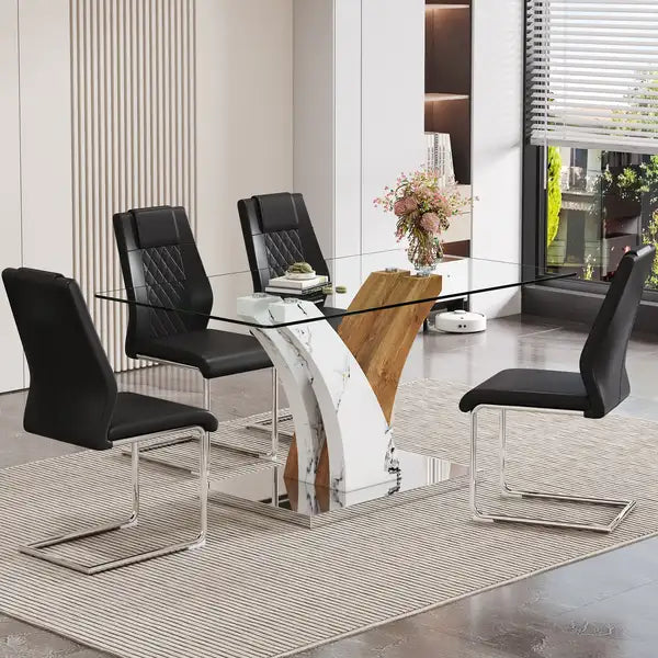 Modern Dining Table & Chair Set, Tempered Glass Top, 4 PU Leather Chairs, Artistic Design