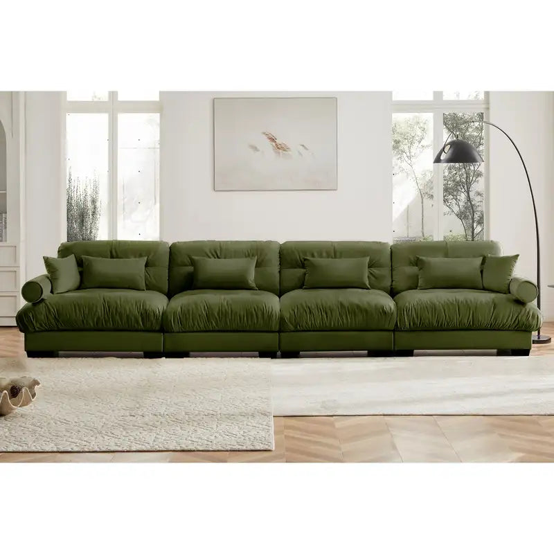 Oversized Olive Green Velvet Sectional Sofa with Ottoman