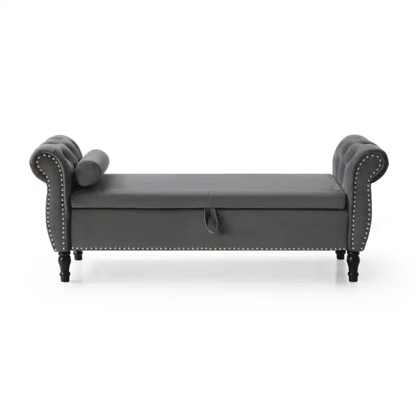 Aijia 63" Velvet Storage Ottoman - Tufted, Nailhead Trim, Grey