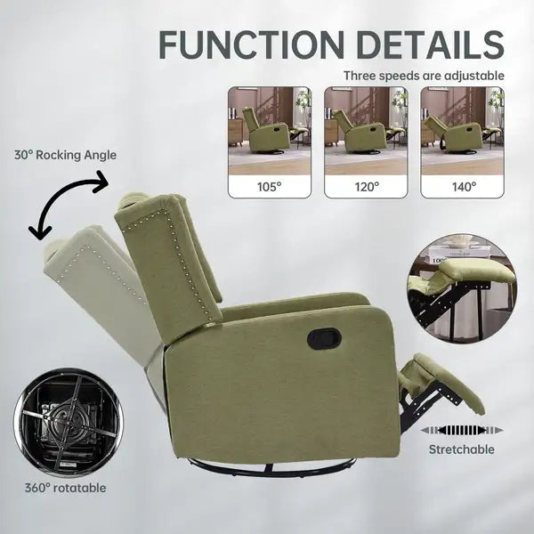 Rocking Recliner Chair with Swivel - 360° Nursery Glider, Modern Home Theater Seat (Ovive Green)