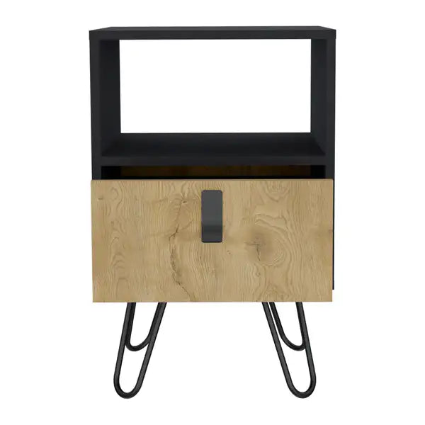 Black Nightstand with Hairpin Legs & Drawer - 24" Tall, Macadamia Accent Table - Minihomy