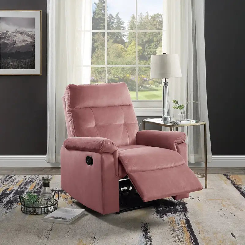 Velvet Blush Pink Recliner Chair - Plush Tufted Manual Motion Living Room Furniture