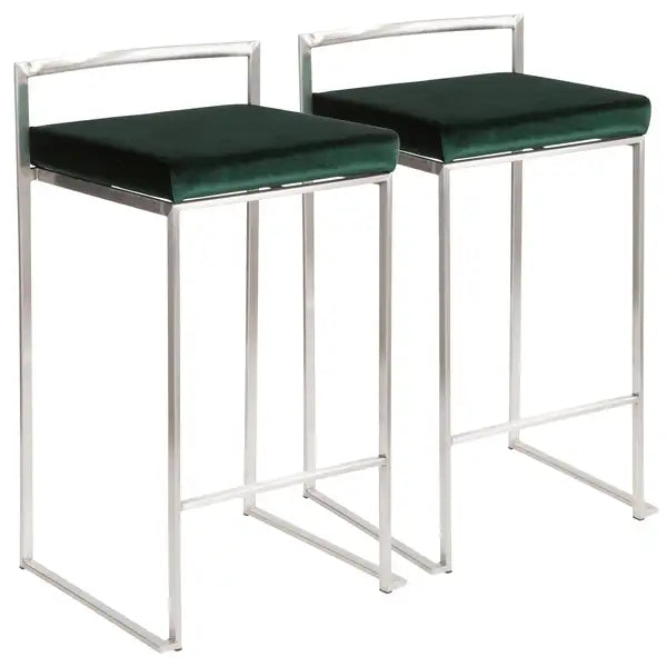 LumiSource Fuji Green Velvet Counter Stools - Set of 2 - Stainless Steel