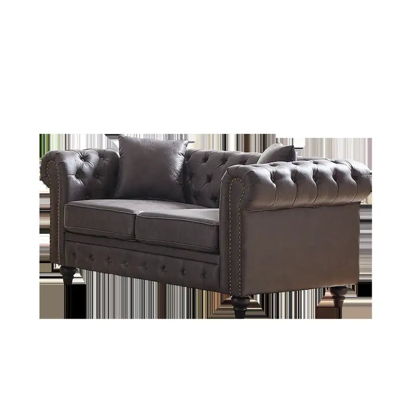 63.5" Chesterfield Sectional Sofa: Tech Fabric, Button Tufted, Wooden Legs