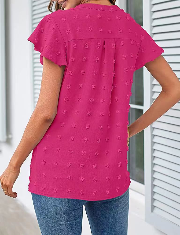 Women's Summer V Neck Ruffle Short Sleeve Blouse - Dot Flowy Shirt Top