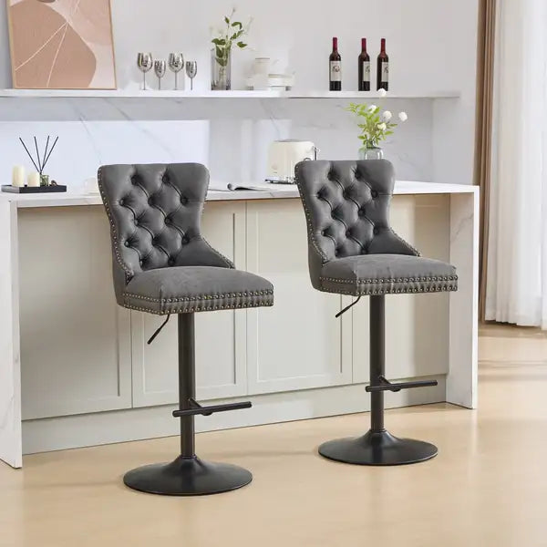 A&A Furniture Black Swivel Barstools, Adjustable Height 25-33", Tufted Back, Set of 2 - Minihomy