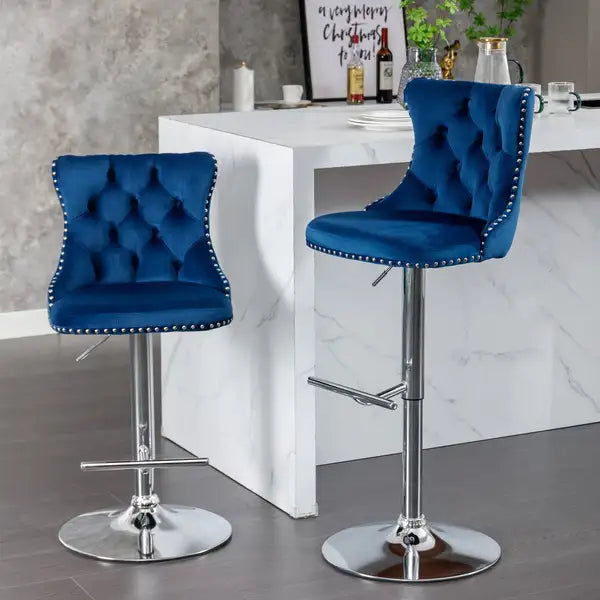 Blue Velvet Swivel Bar Stools with Backs - Adjustable Height (25-33"), Chrome Base, Set of 2 - Minihomy