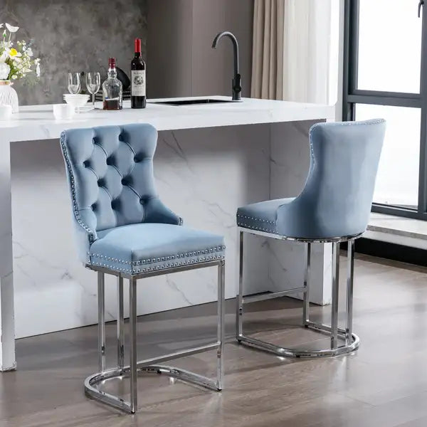 Modern Velvet Bar Stools Set of 2, Light Blue - Counter Height, Button Back & Rivet Trim, Chromed Metal Base - Minihomy