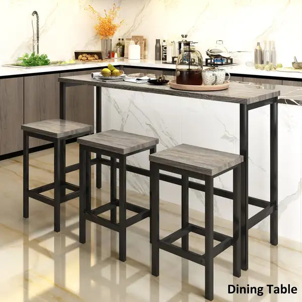 Counter Height Dining Table Set with 3 Stools, Extra Long Pub Kitchen Table with Footrest - Gray - Minihomy