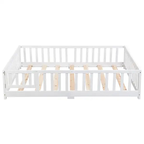 Full Size Platform Bed with Door & Fence - Solid Pine Wood, White - Kids Bed Frame