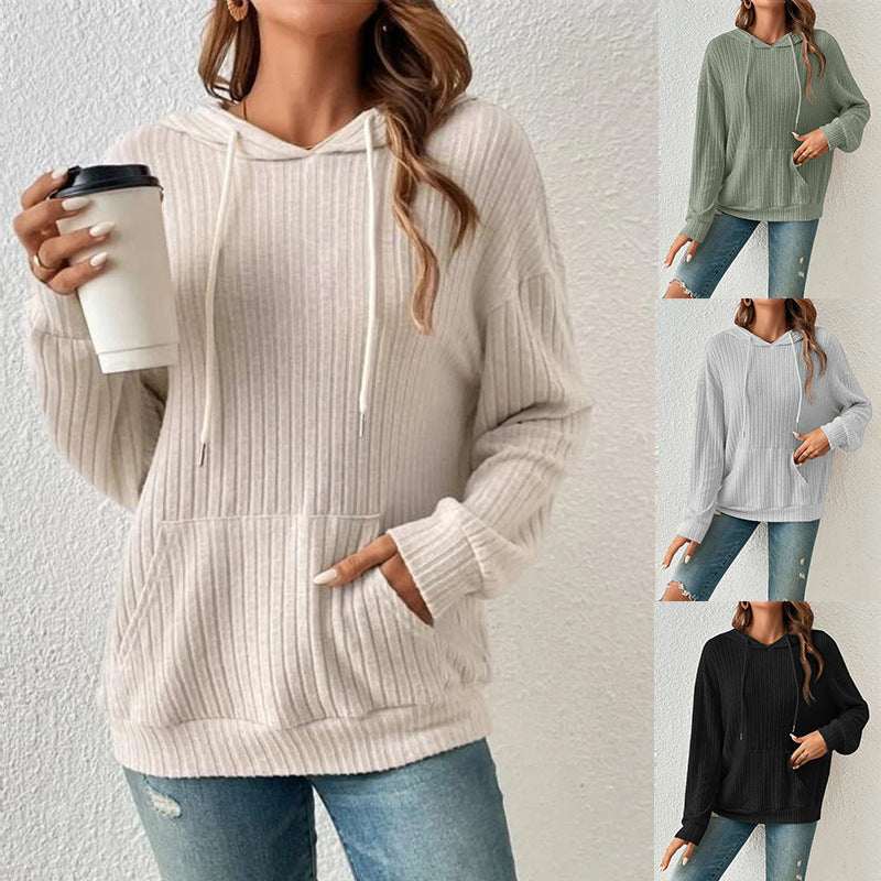 Women's Long Sleeve Hoodie Sweatshirt - Drawstring, Pockets, Sunken Stripe, Knitwear