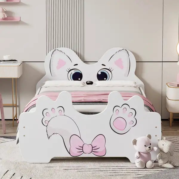 White Cartoon Twin Platform Bed with Trundle - Kids Bedroom Furniture