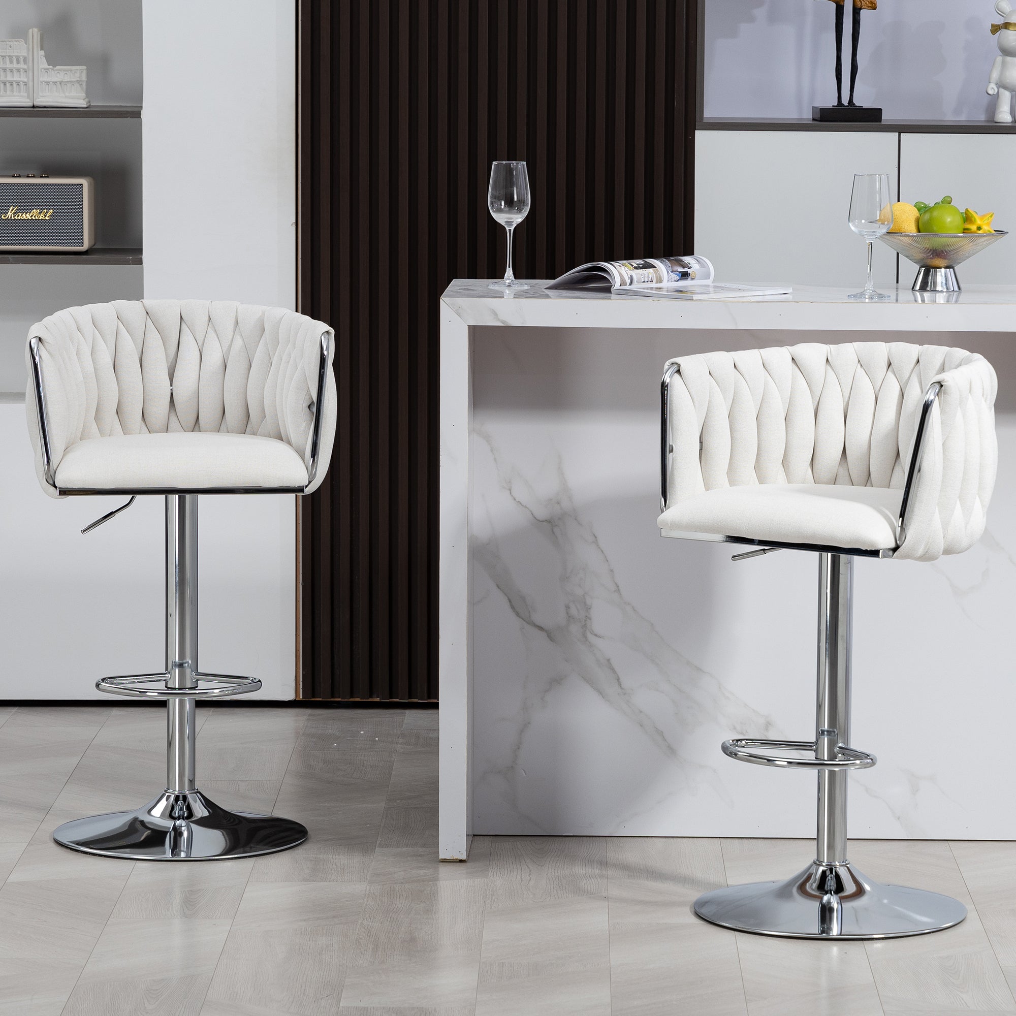 Beige Swivel Bar Stools Set of 2, Adjustable Counter Height, Woven Back & Footrest, Chrome, Kitchen Island, Cafe, Pub