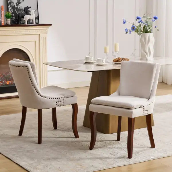 Modern Dining Chairs Set of 2 - Beige Chenille Upholstered Accent Chairs with Curved Wood Legs