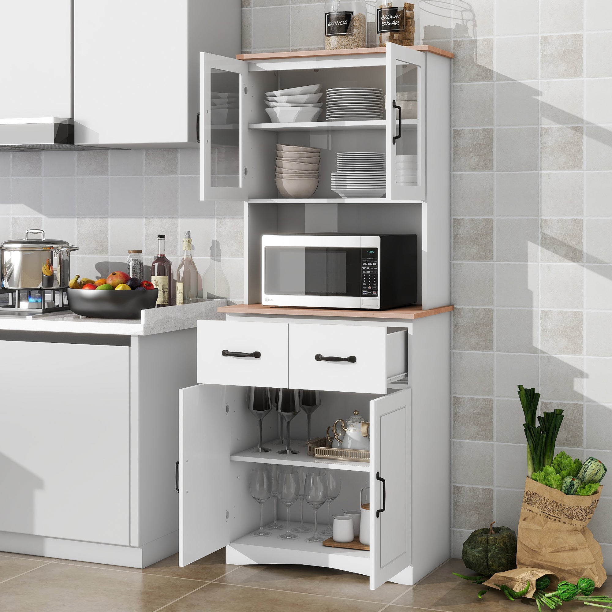 White Kitchen Cabinet with Glass Doors - Pantry Storage Microwave Stand - Wooden Drawer