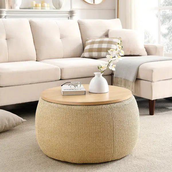 Round Storage Ottoman: End Table & Footrest, Natural (25.5")