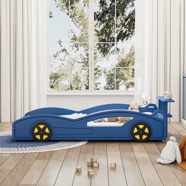 Twin Race Car Bed with Wheels | Blue & Yellow Wooden Platform Bed for Teens