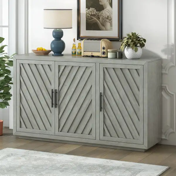 TREXM Retro 3-Door Sideboard with Adjustable Shelves - Antique Gray for Kitchen, Dining Room & Living Room