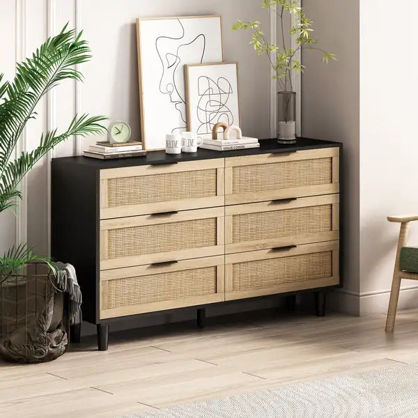 Black Rattan 6-Drawer Storage Cabinet - 51.18" Bedroom/Living Room