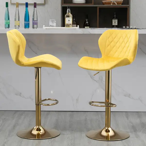 Yellow Velvet Swivel Bar Stools Set of 2 - Modern Counter Height with Gold Base