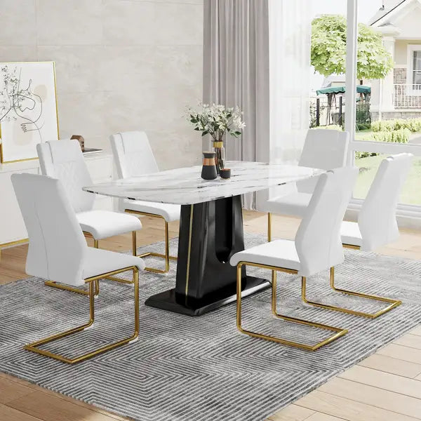 Modern Dining Table Set with Imitation Marble Top & Comfortable Chairs - Living & Dining Room - Minihomy