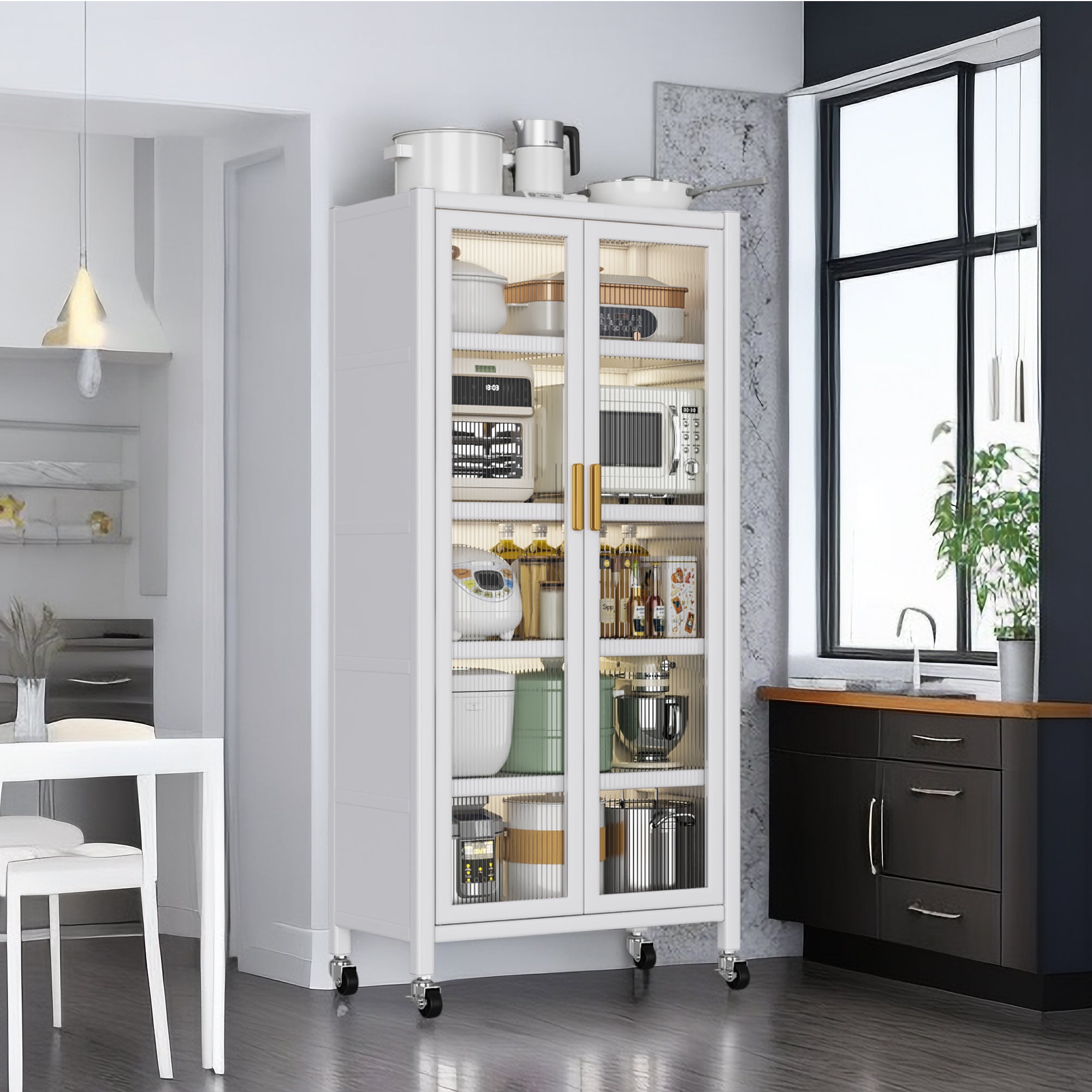 White Floor-to-Ceiling Kitchen Cabinet with Microwave Storage & Open Shelves