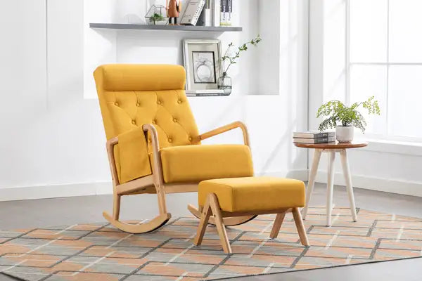 Mid-Century Modern Rocking Chair with Ottoman & Cushion - Living Room & Nursery