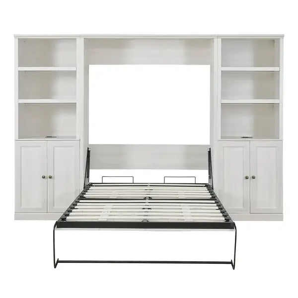 Full Size Murphy Bed with Storage - Self-Closing, Rustic White, Space-Saving for Guest Room, Home Office - Minihomy