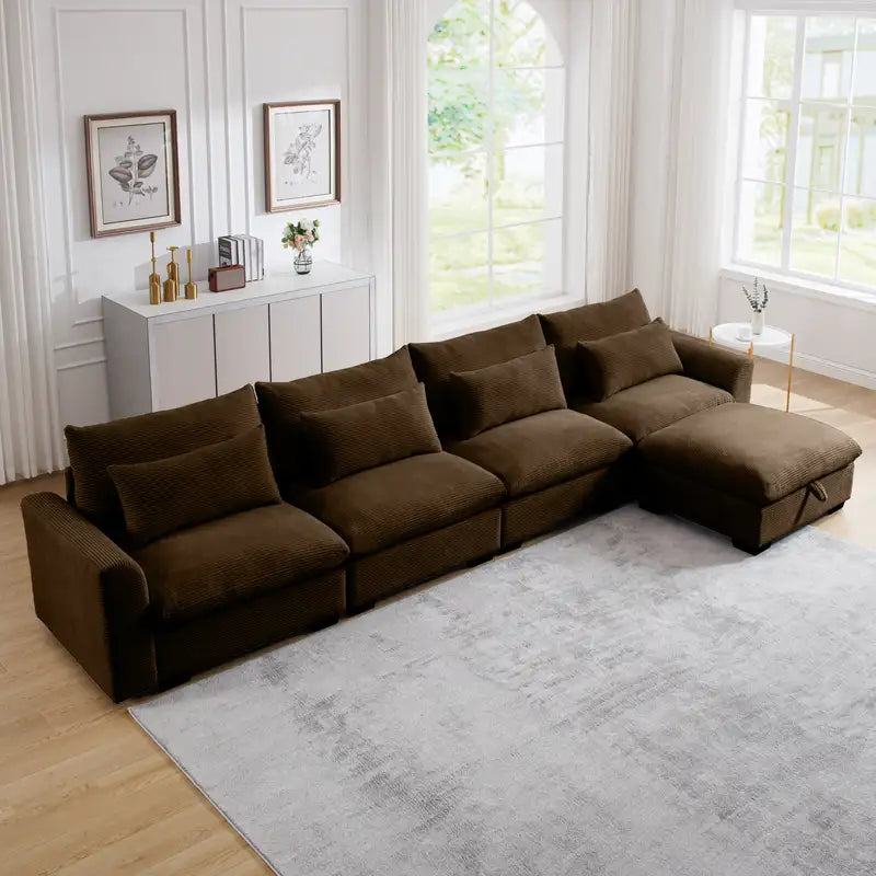 Brown L-Shaped Sectional Sofa with Storage & Pillows