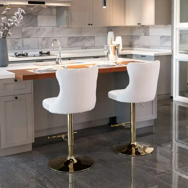 Beige Velvet Swivel Barstools, Adjustable Height, Modern Upholstered with Backs, Set of 2 - Minihomy