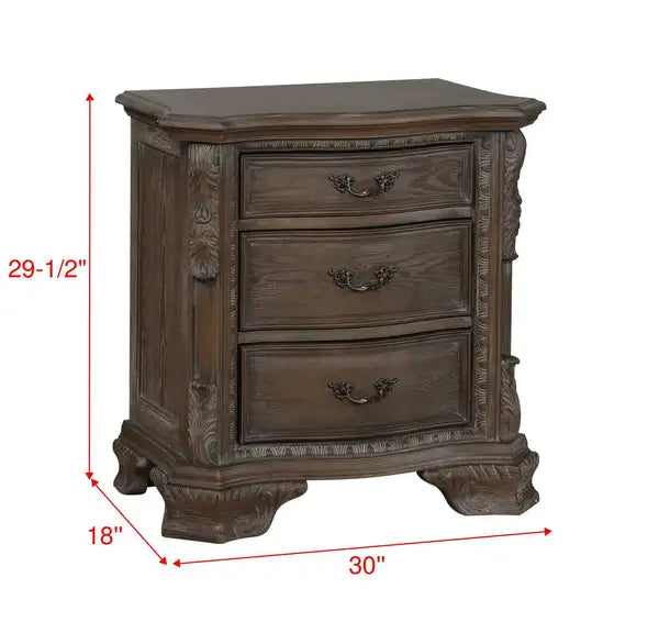 Grey Wooden Nightstand with 3 Drawers & Decorative Pulls - Solid Wood End Table - Minihomy