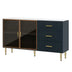 Modern Sideboard Buffet Cabinet with Marble Top & Amber Glass Doors (Navy Blue) - Gold Legs & Handles - Minihomy