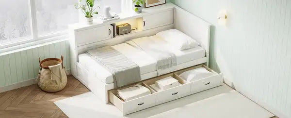 L-Shaped Twin Bed Frame with Drawer, Bookcase, LED Lights & USB Port - White - Minihomy