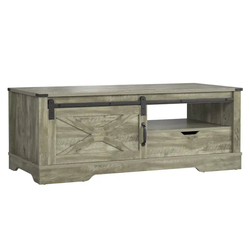 Farmhouse Sliding Barn Door Coffee Table with Storage - Light Gray