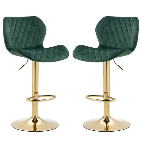 Green Velvet Bar Stools Set of 2 - Adjustable Swivel Counter Height with Gold Base - Minihomy