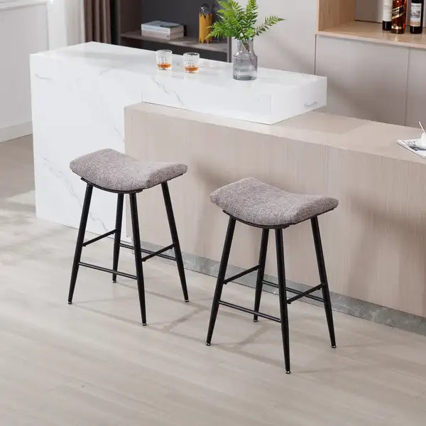 Modern Bar Stools Set of 2 - Linen Fabric, Armless, Counter Height, Metal Legs, Footrest - Minihomy