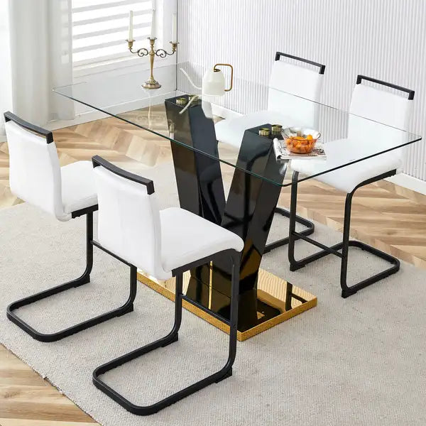 Glass Dining Table Set with Chairs - Tempered Glass Top & Black Metal Legs