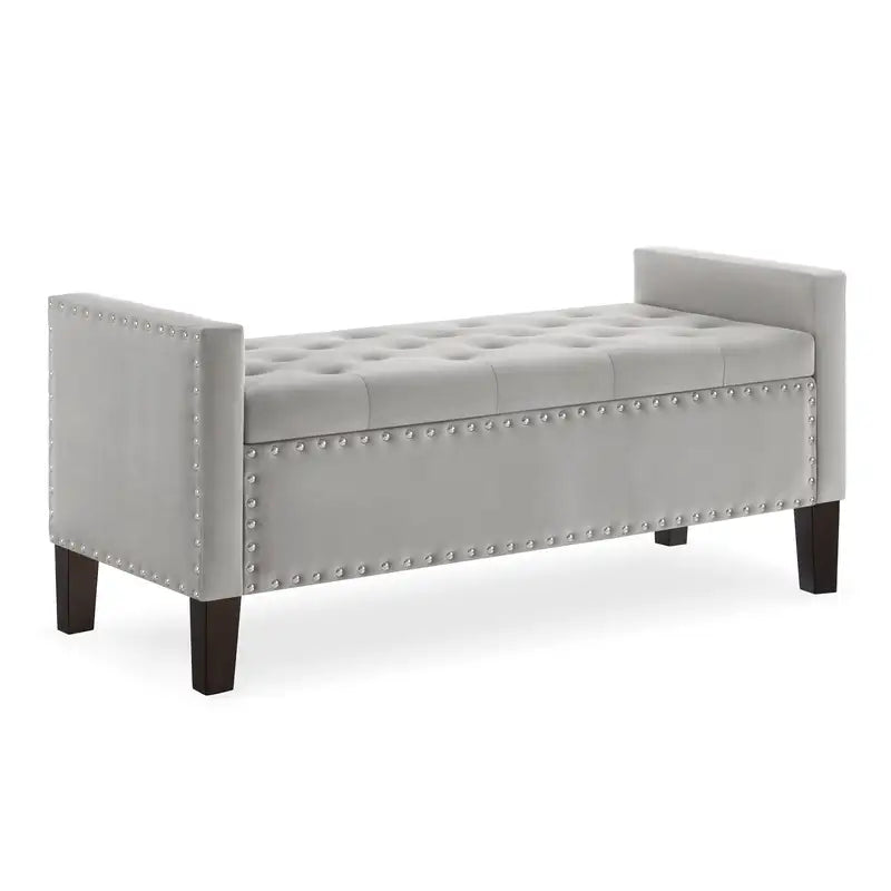 Gray Upholstered Storage Bench with Armrests & Nailhead Trim