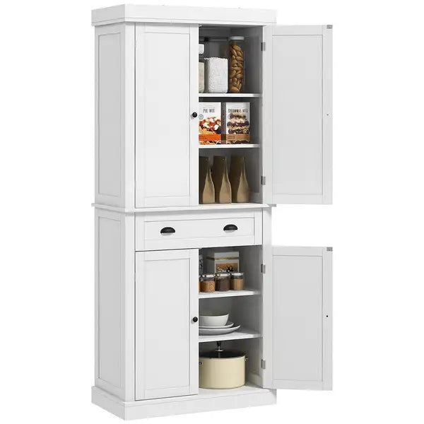 HOMCOM 72.5" White Kitchen Pantry Cabinet - 4 Doors, Drawer, Adjustable Shelves